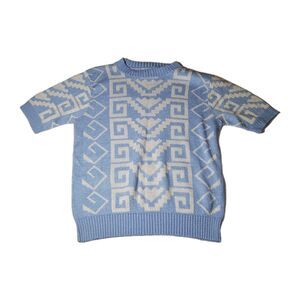 VTG Small Sweater Women Aztec Print Blue Short Sleeve Geometric Art Grandmacore
